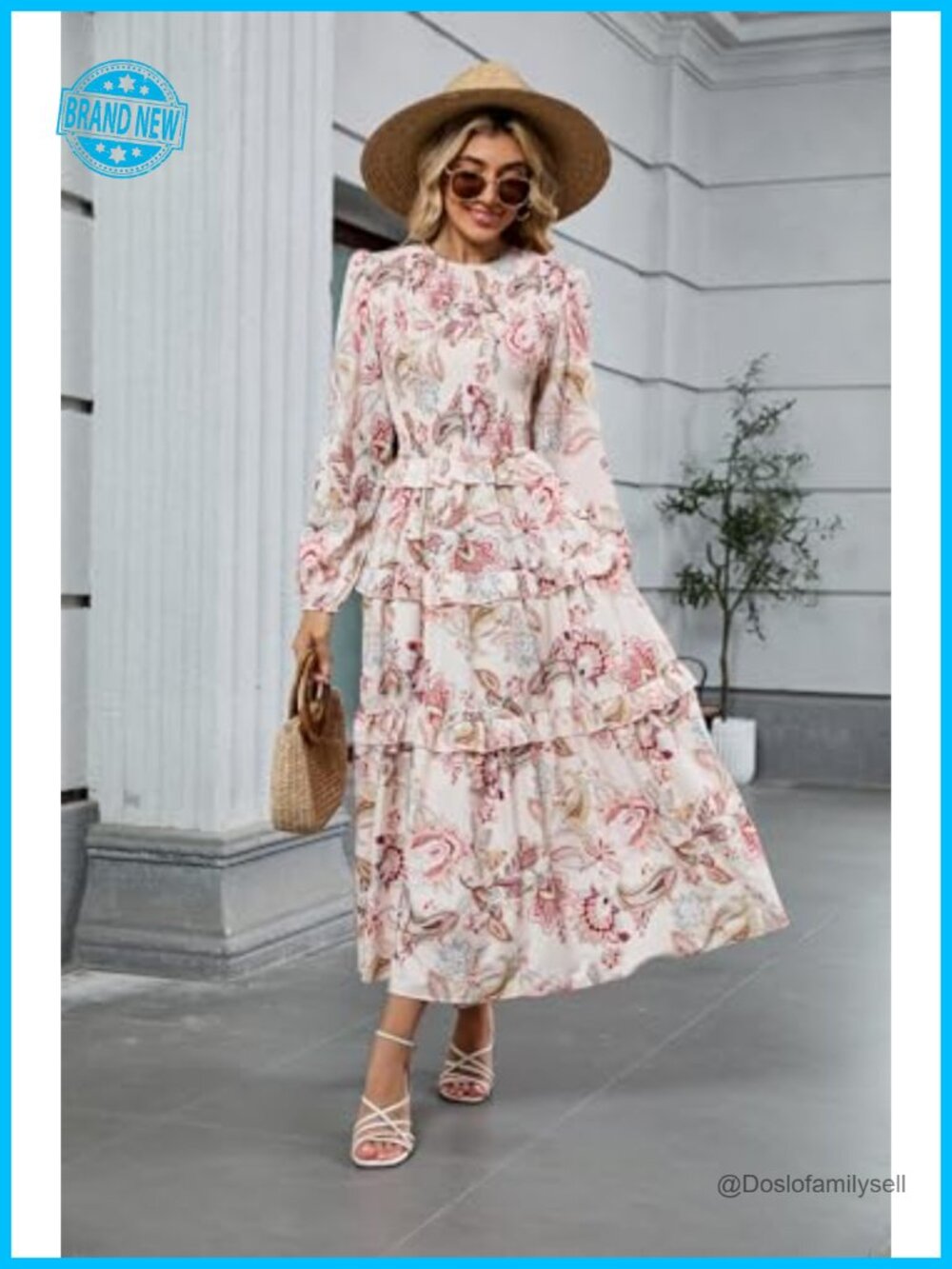 Women's Floral Smocked Maxi Dress Long Puff Sleeve Bohemian Tiered Ruffle - Picture 6 of 7
